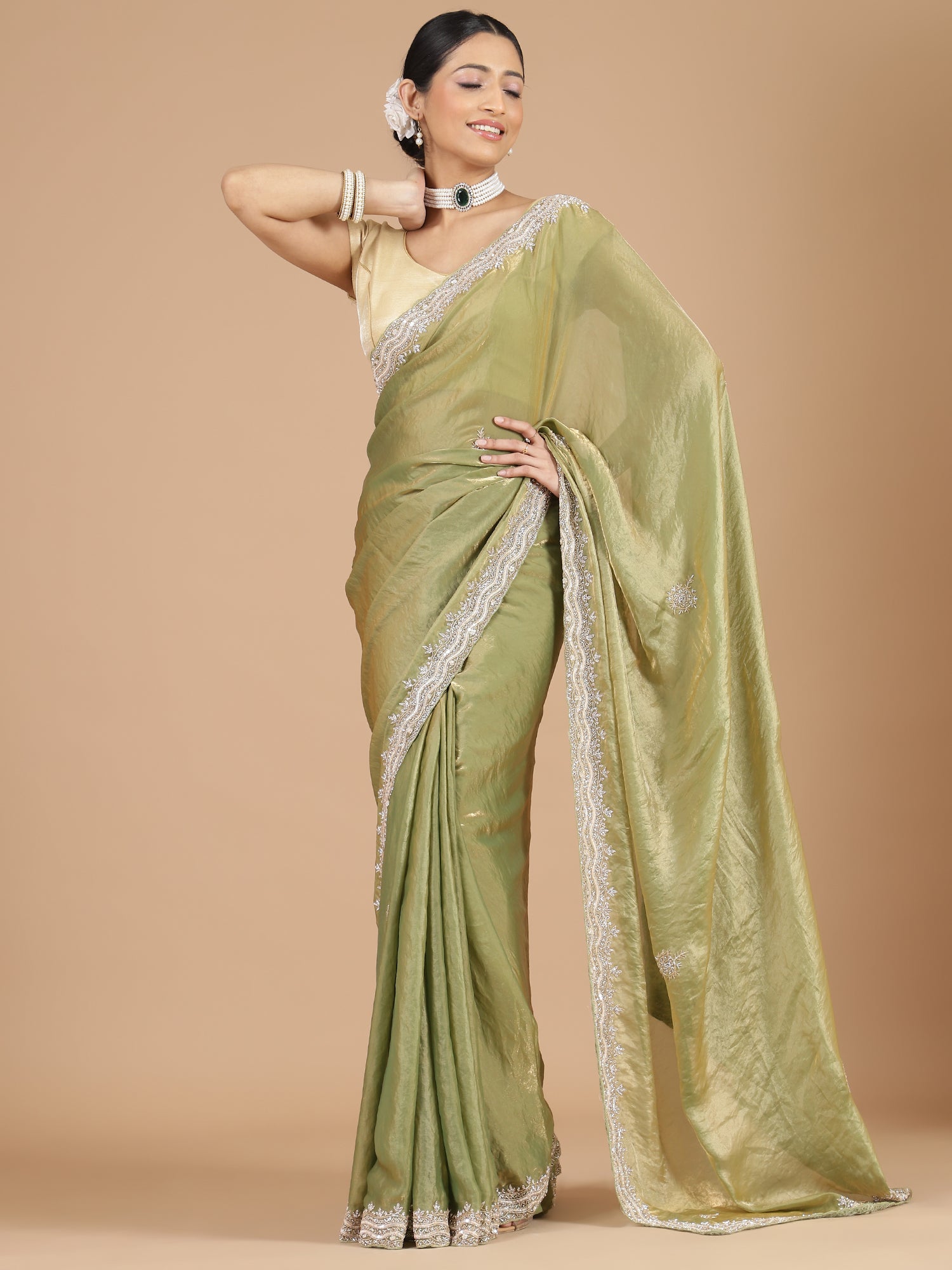 Green Satin Tissue Saree with Sequence Scallop Work