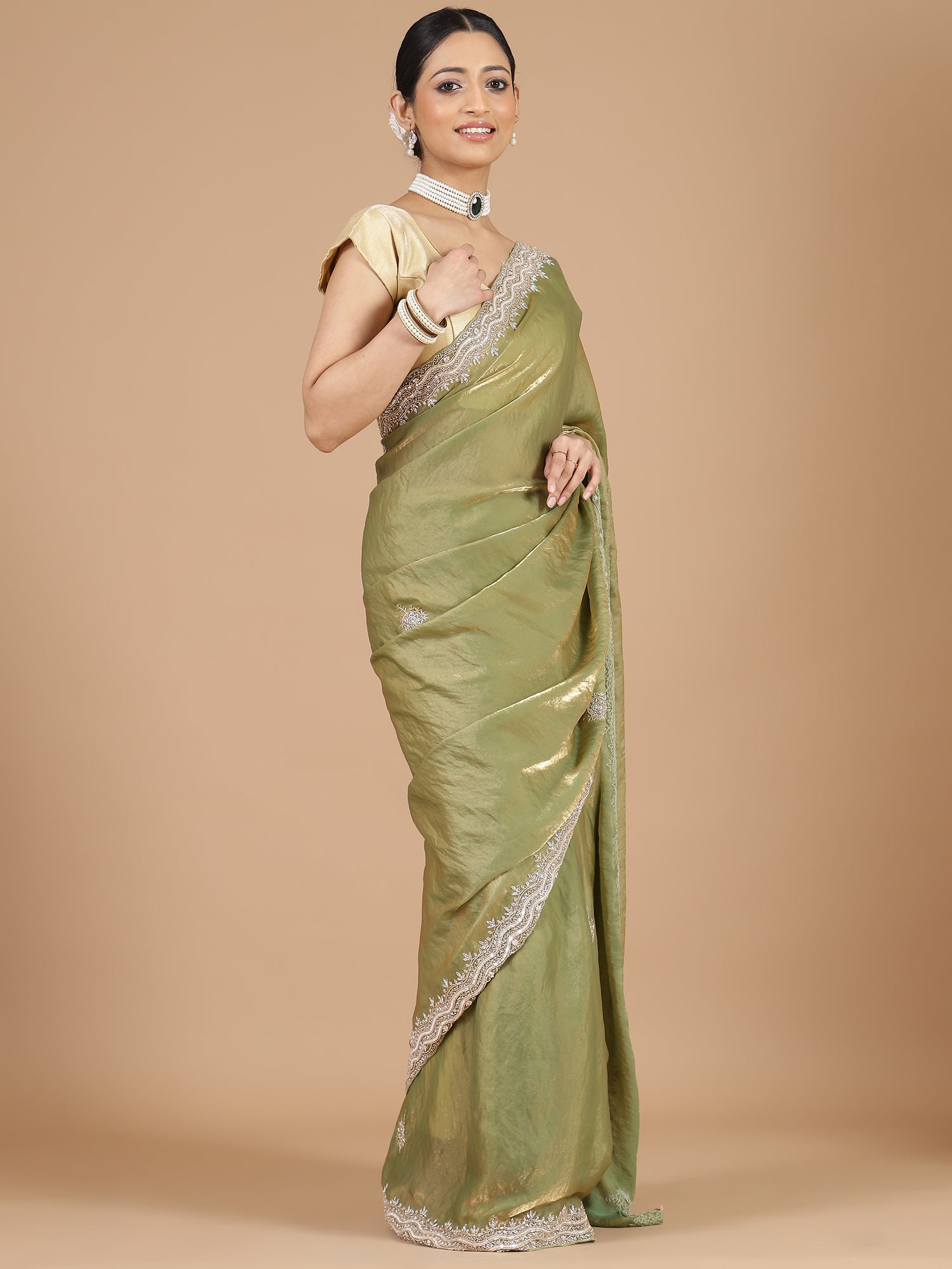 Green Satin Tissue Saree with Sequence Scallop Work