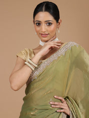 Green Satin Tissue Saree with Sequence Scallop Work