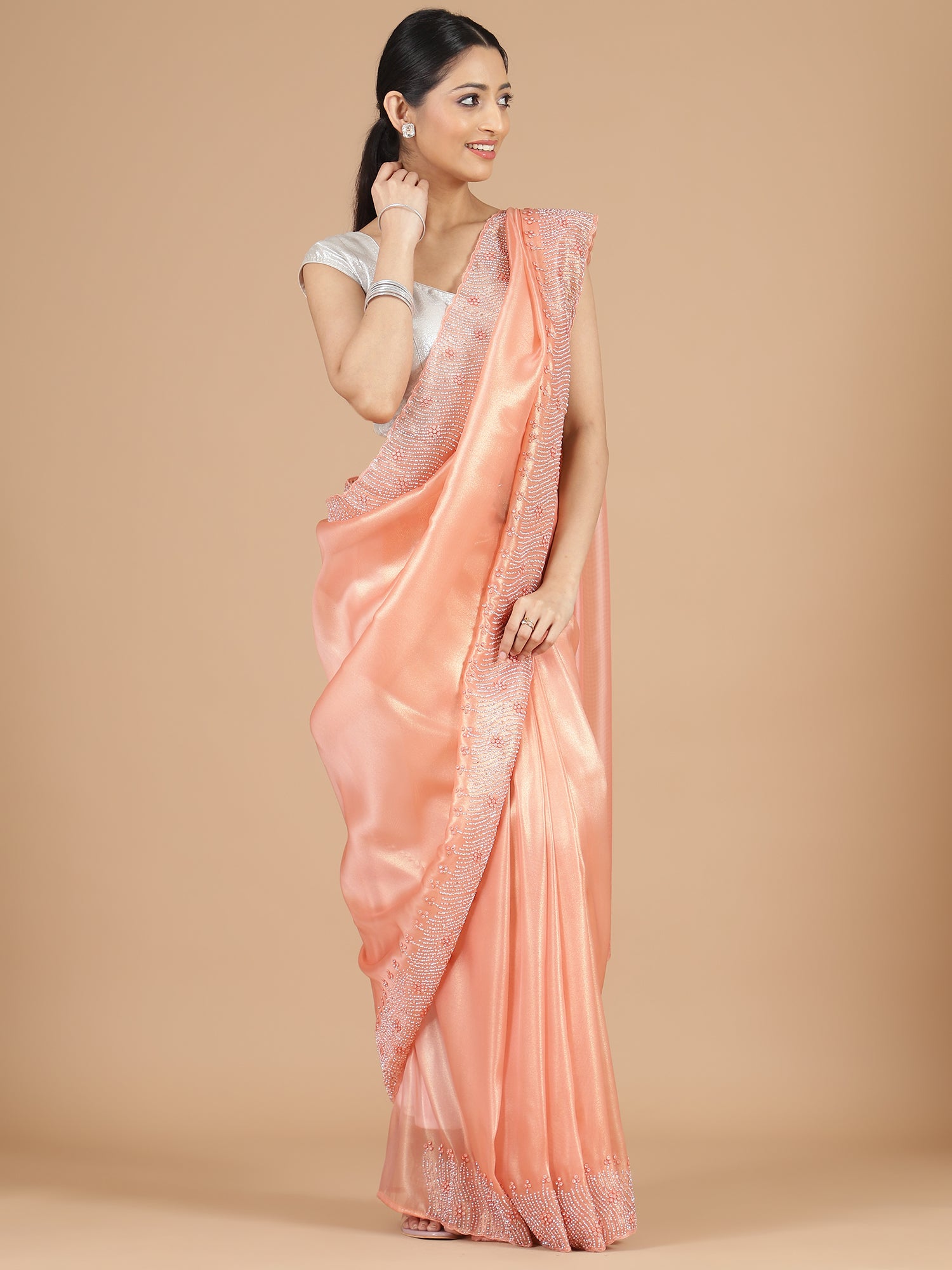 Orange Tissue Saree with Stone Embellishment