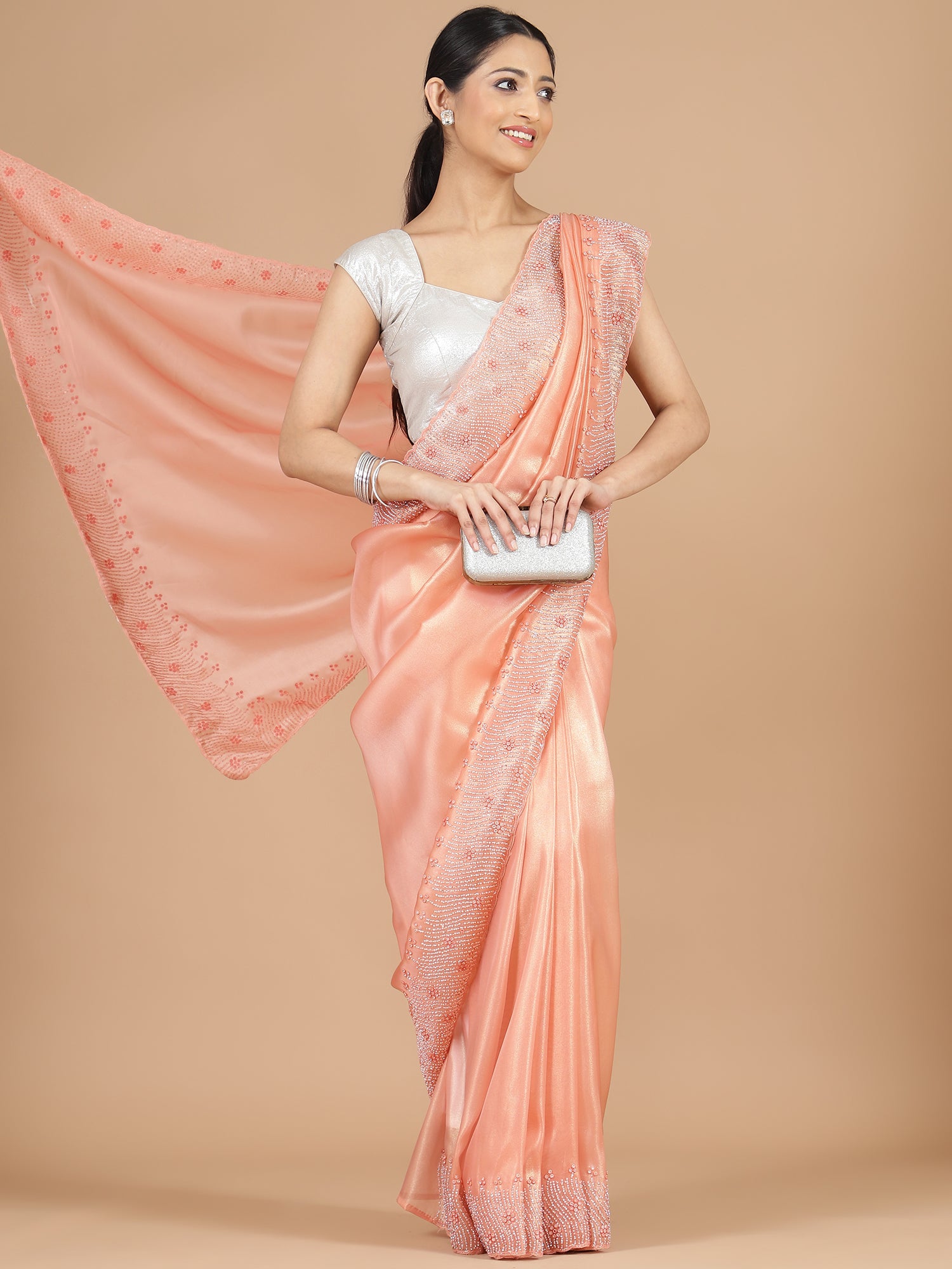 Orange Tissue Saree with Stone Embellishment