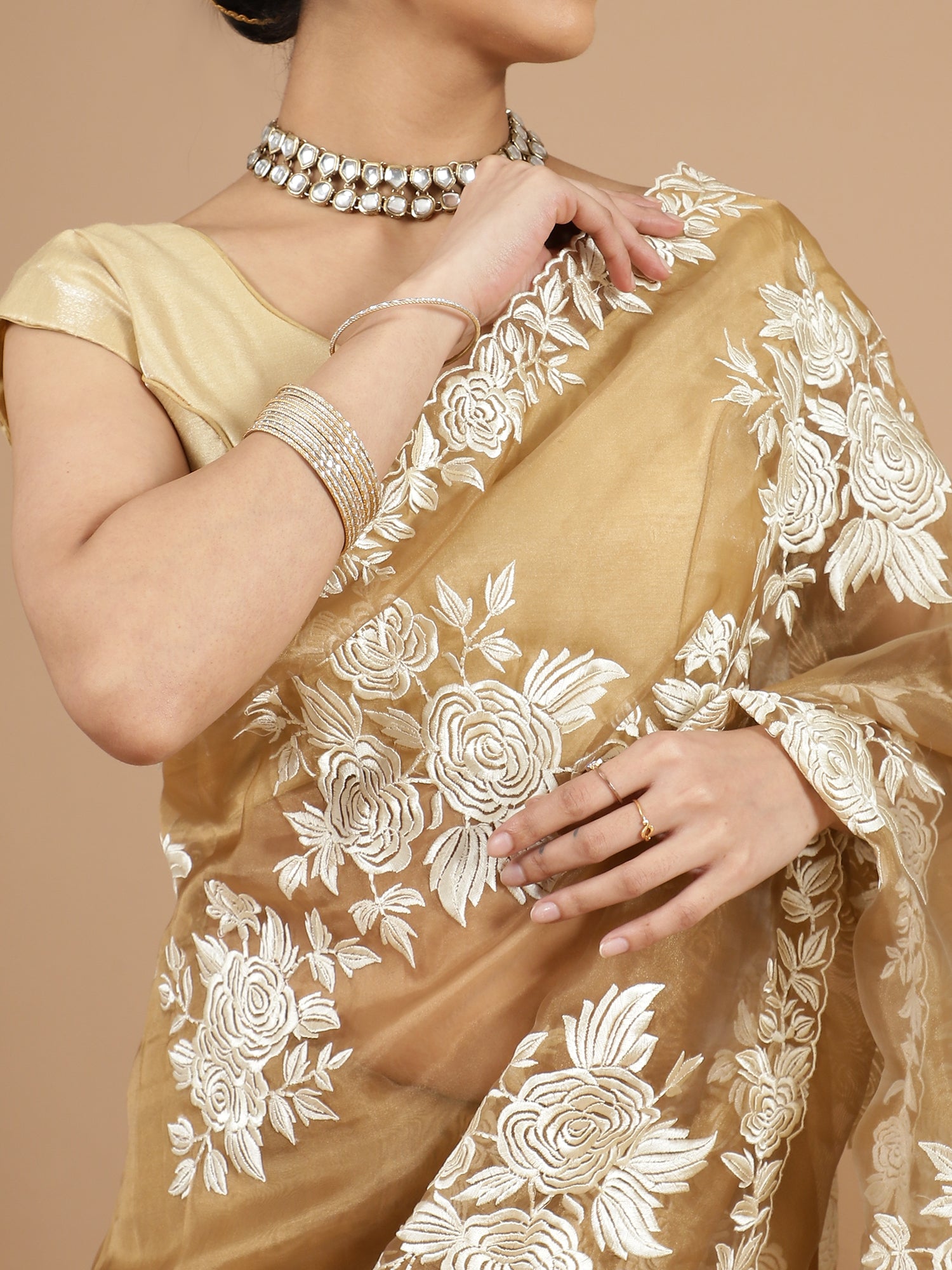 Mustard Organza Saree with Intricate Embroidery