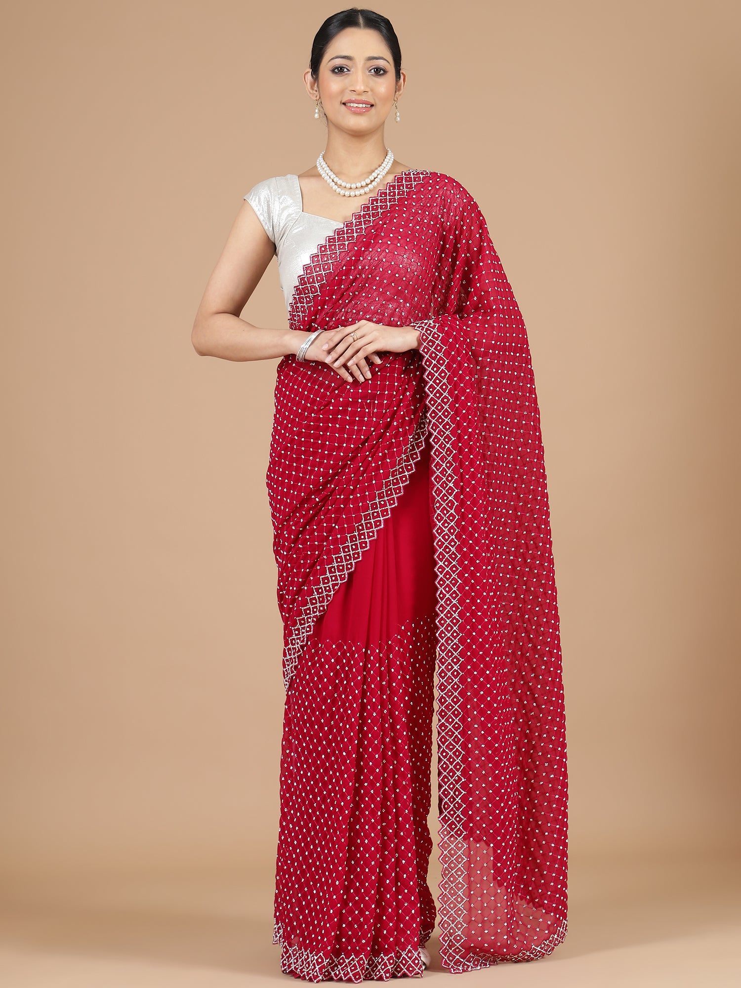 Red Georgette Saree with Dazzling Stonework