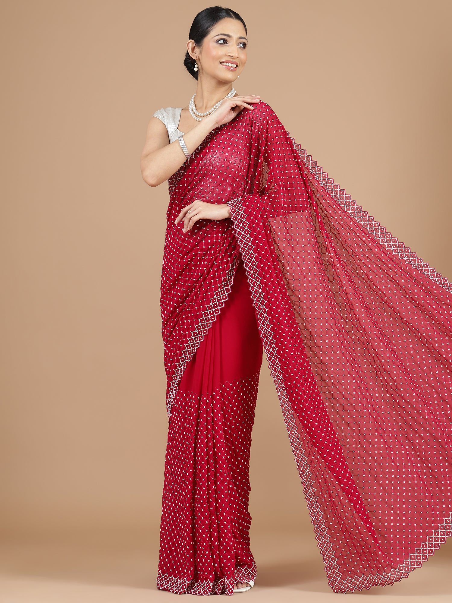 Red Georgette Saree with Dazzling Stonework