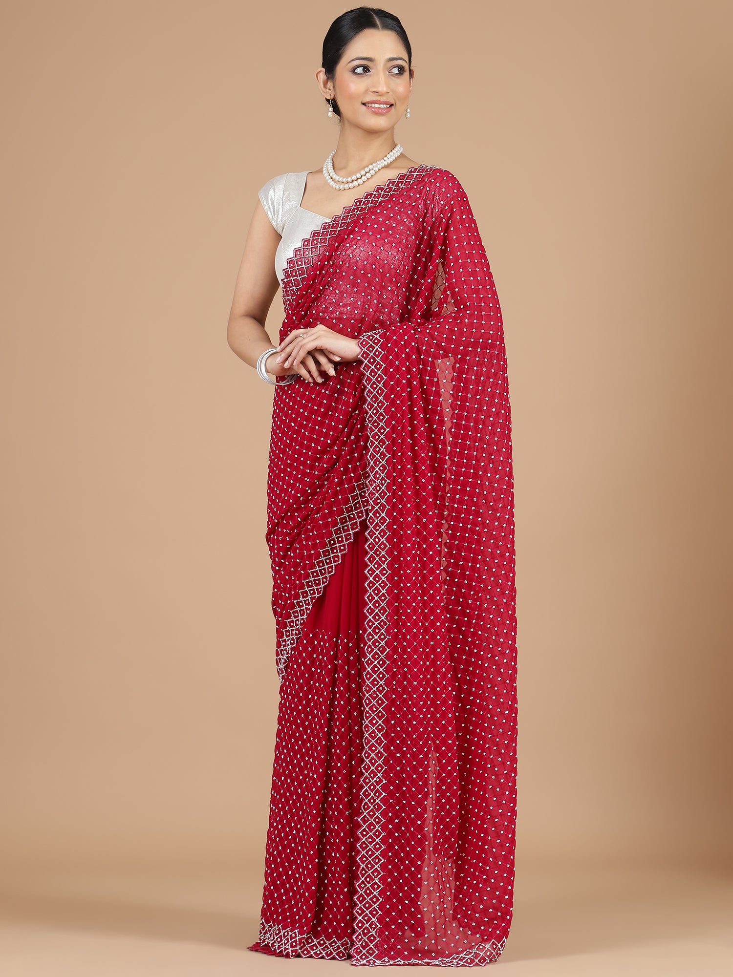 Red Georgette Saree with Dazzling Stonework