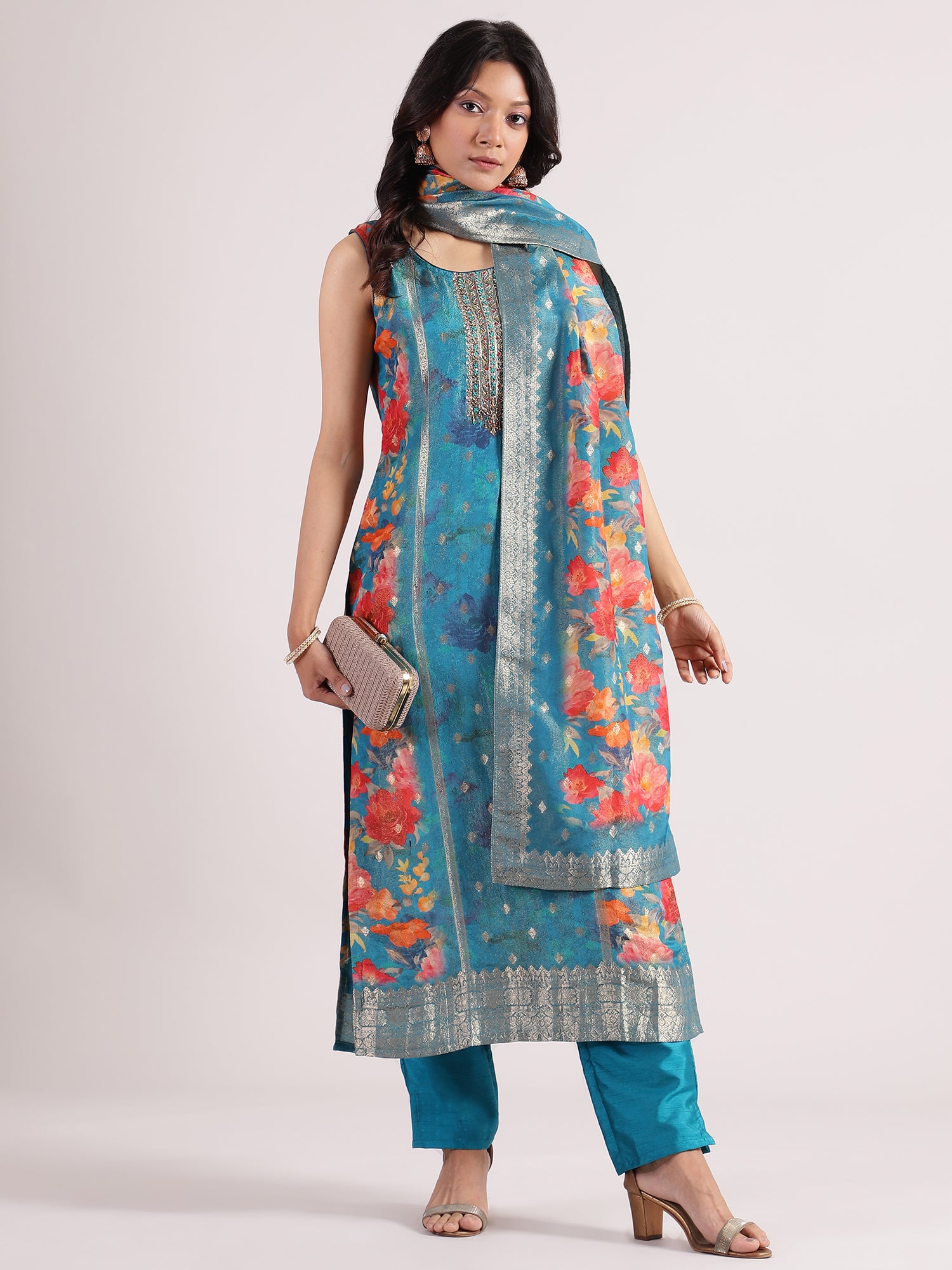 Elegant Turquoise Blue Banarasi Salwar with Floral Digital Print