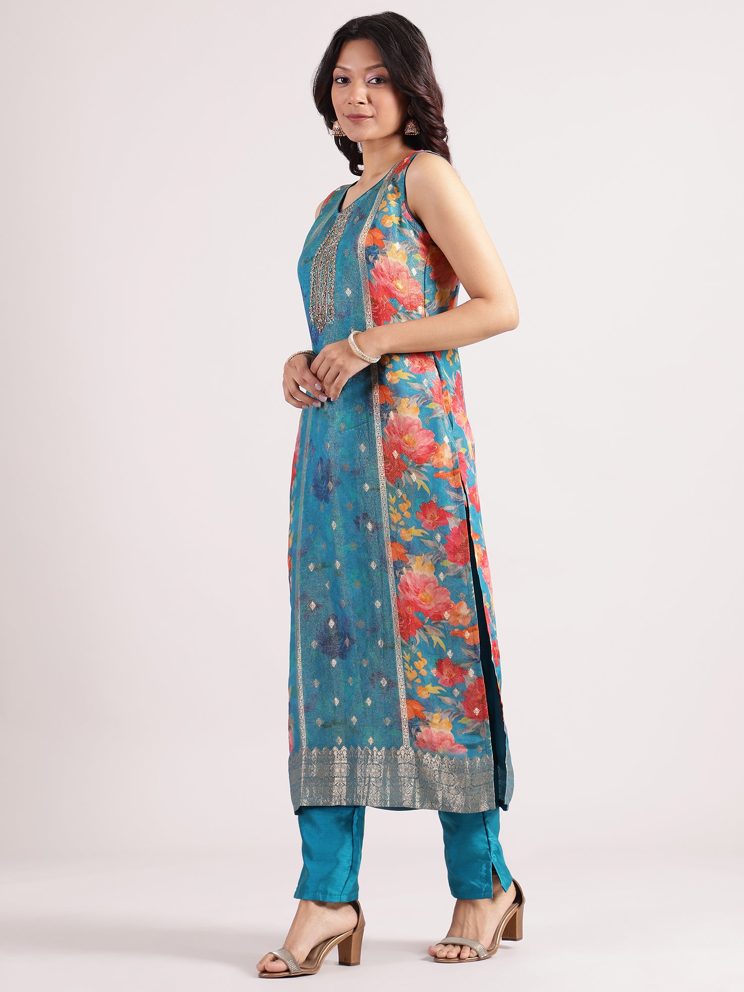 Elegant Turquoise Blue Banarasi Salwar with Floral Digital Print