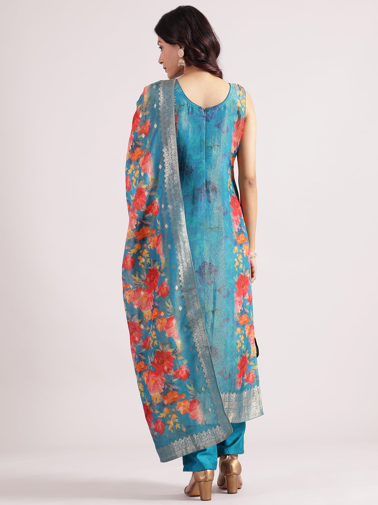 Elegant Turquoise Blue Banarasi Salwar with Floral Digital Print