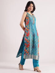 Elegant Turquoise Blue Banarasi Salwar with Floral Digital Print