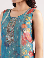 Elegant Turquoise Blue Banarasi Salwar with Floral Digital Print