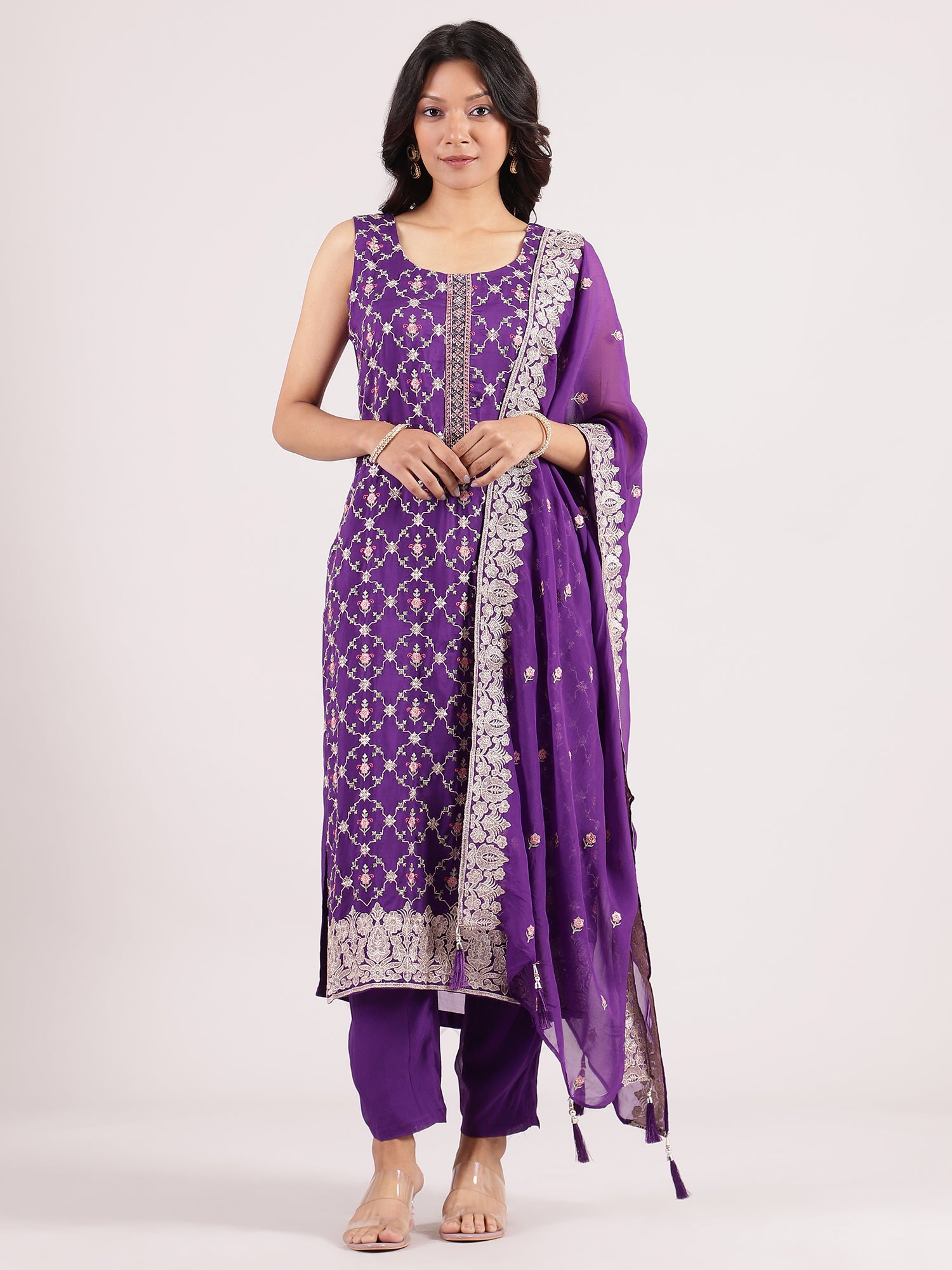 Elegant Dark Purple Embroidered Salwar Suit with Organza Duppatta