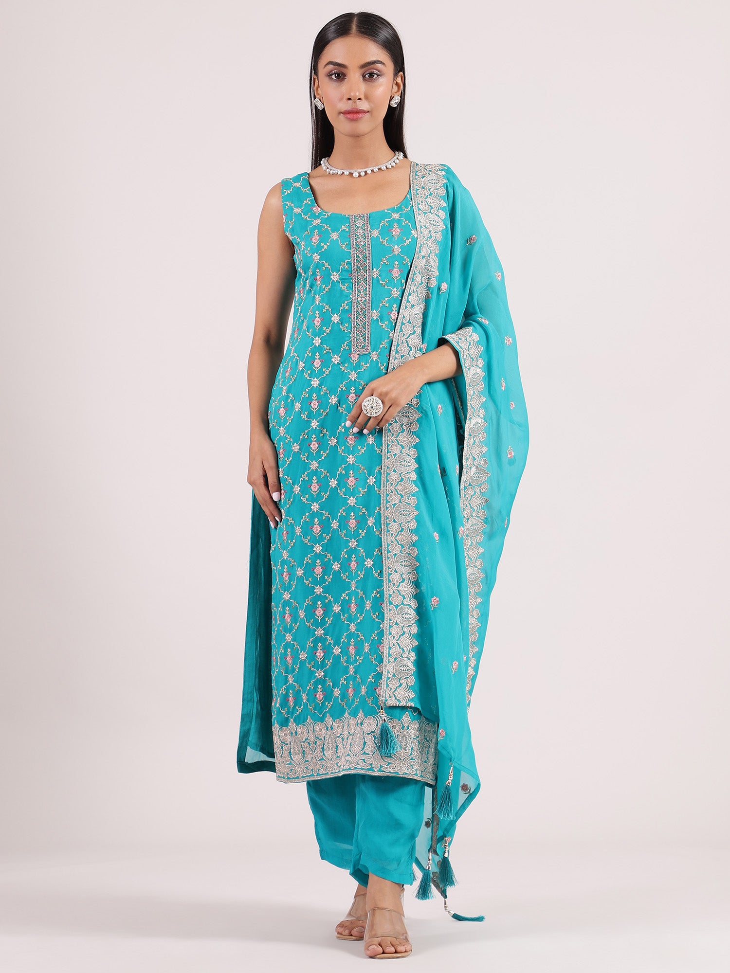 Elegant Turquoise Blue Embroidered Salwar Suit with Organza Dupatta