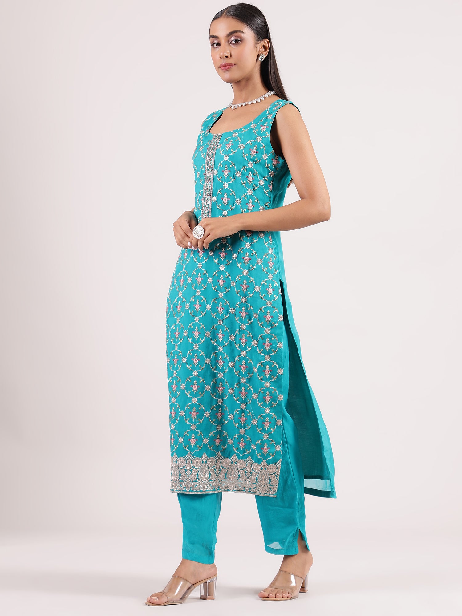 Elegant Turquoise Blue Embroidered Salwar Suit with Organza Dupatta