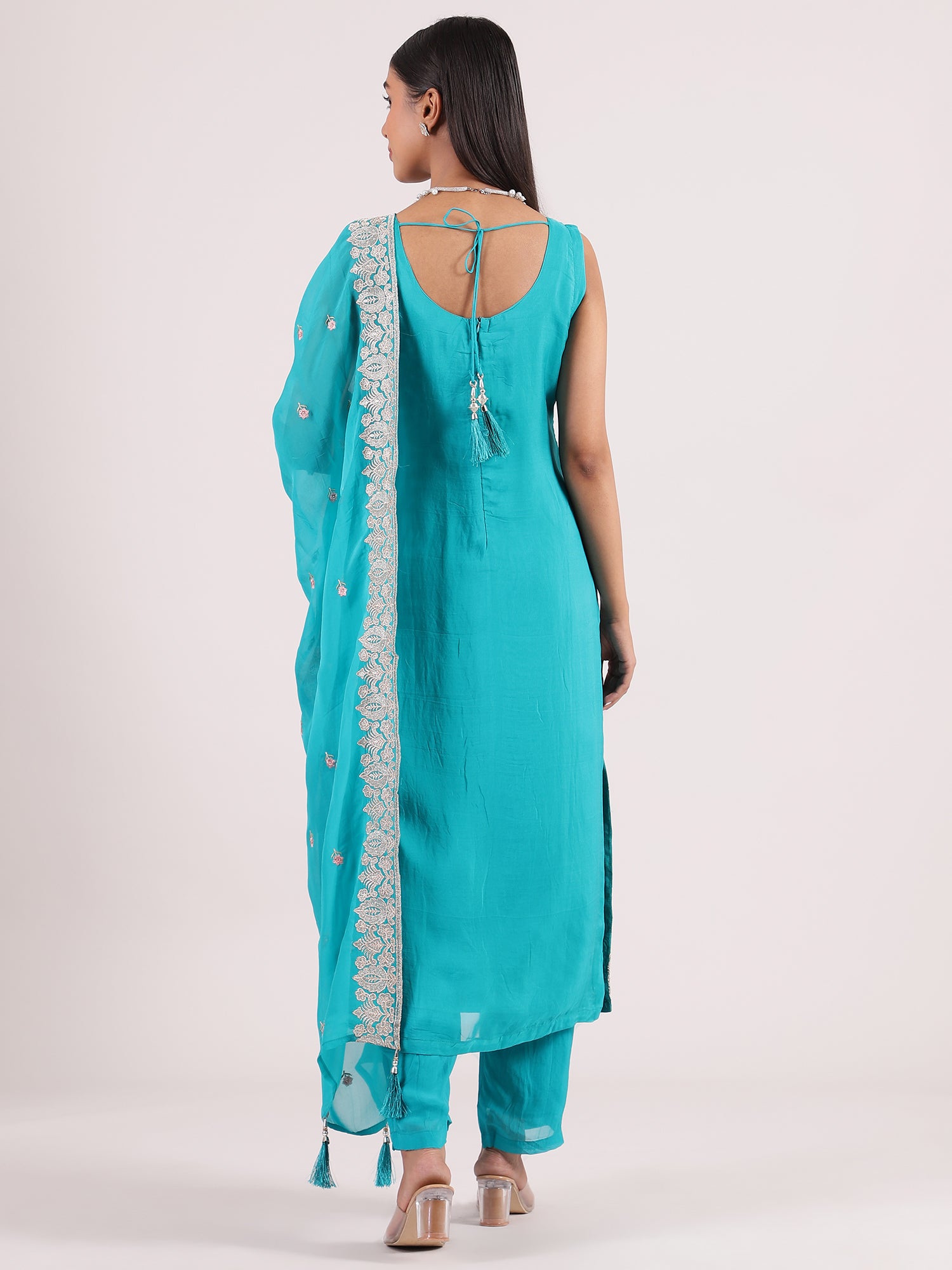 Elegant Turquoise Blue Embroidered Salwar Suit with Organza Dupatta