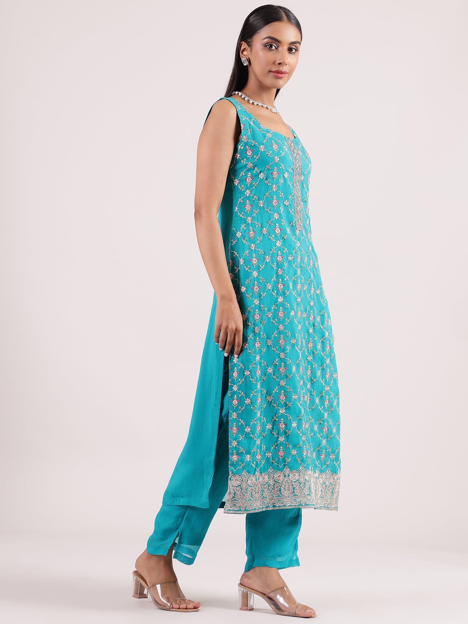 Elegant Turquoise Blue Embroidered Salwar Suit with Organza Dupatta