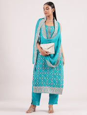 Elegant Turquoise Blue Embroidered Salwar Suit with Organza Dupatta