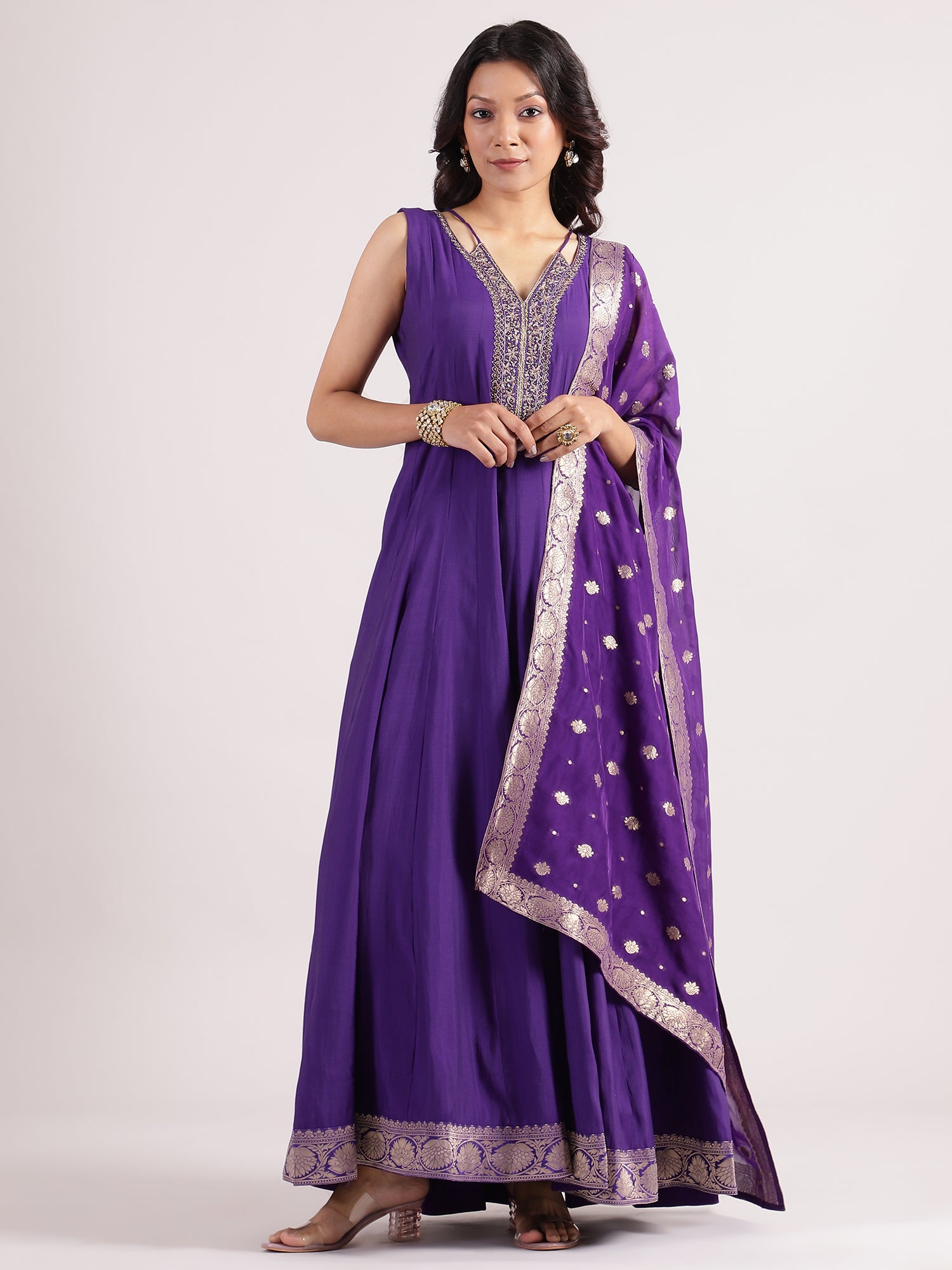 Dark Purple Silk Cotton Halter Neck Salwar Kameez with Embroidery & Banarasi Dupatta