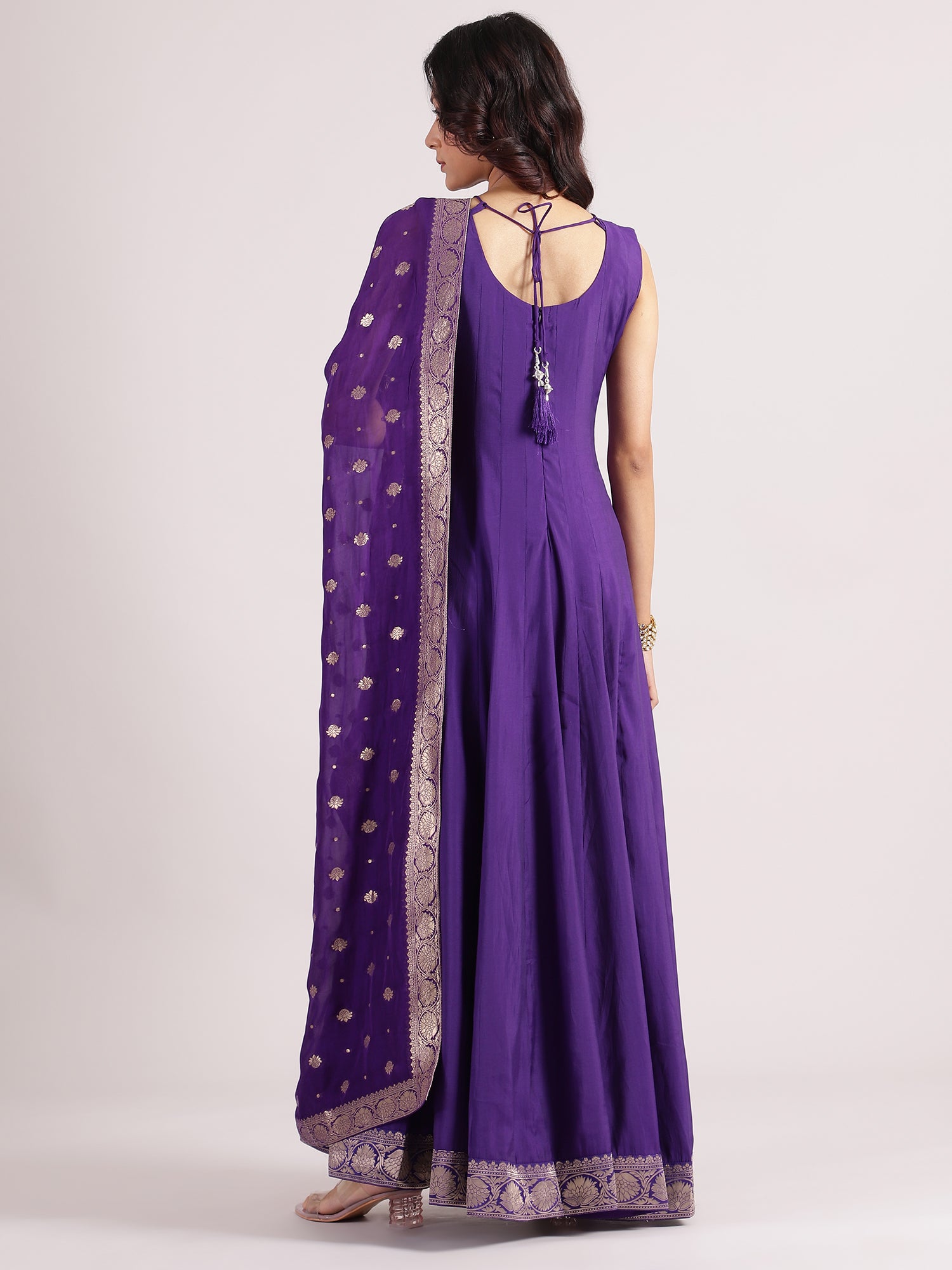 Dark Purple Silk Cotton Halter Neck Salwar Kameez with Embroidery & Banarasi Dupatta