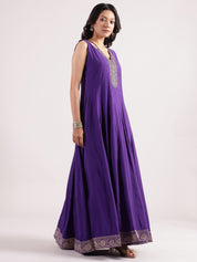 Dark Purple Silk Cotton Halter Neck Salwar Kameez with Embroidery & Banarasi Dupatta