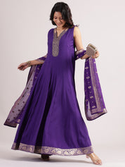 Dark Purple Silk Cotton Halter Neck Salwar Kameez with Embroidery & Banarasi Dupatta