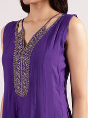 Dark Purple Silk Cotton Halter Neck Salwar Kameez with Embroidery & Banarasi Dupatta