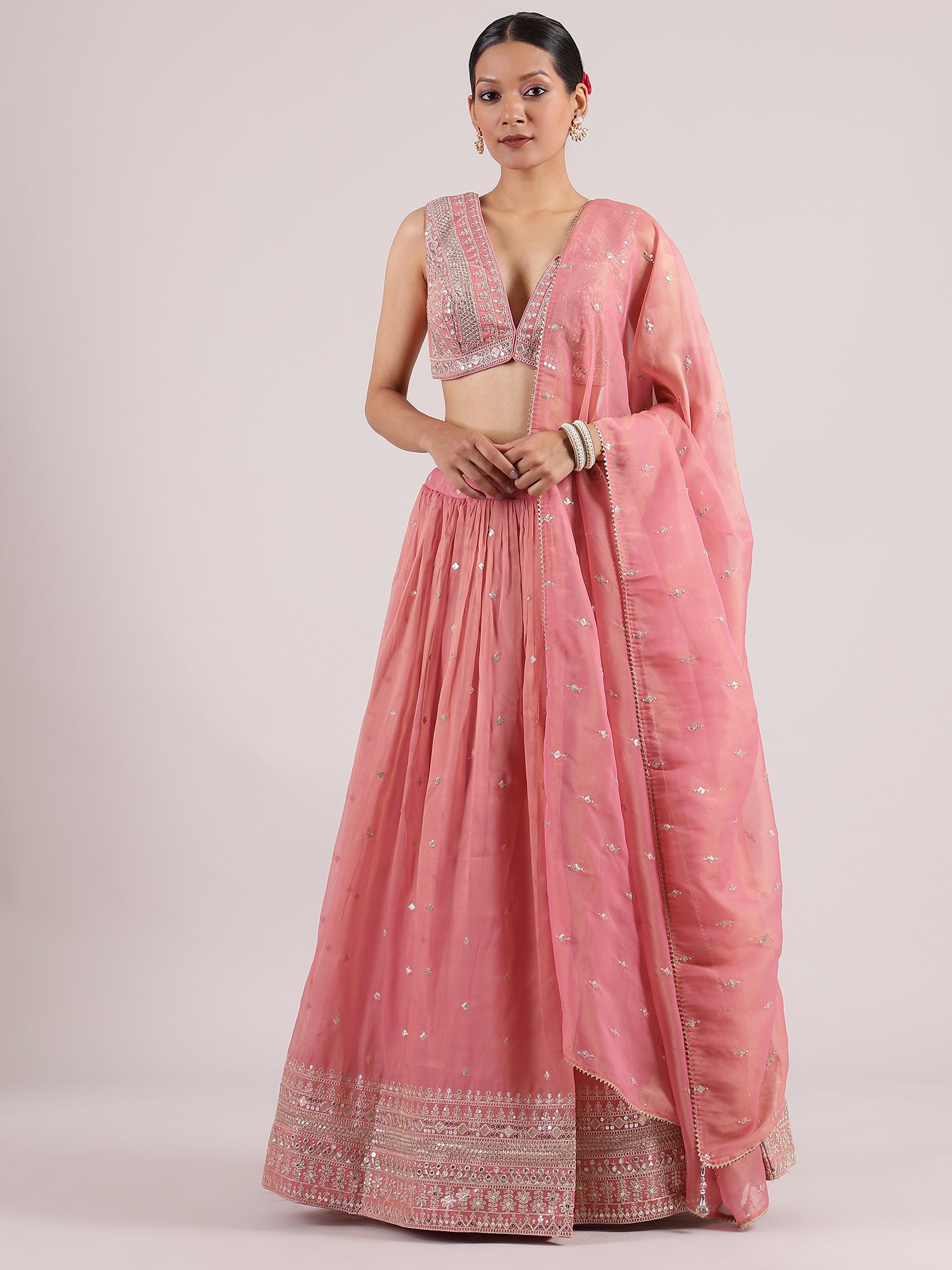 Dreamy Peach Pink Organza Lehenga with Exquisite Kotapatti Embroidery