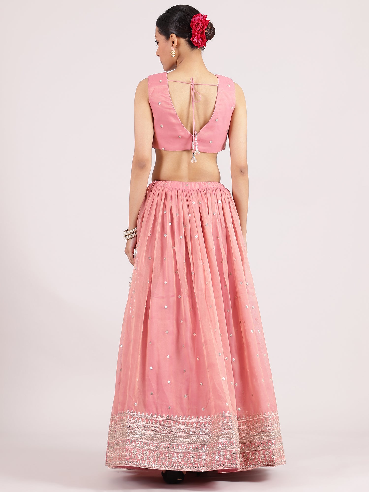 Dreamy Peach Pink Organza Lehenga with Exquisite Kotapatti Embroidery