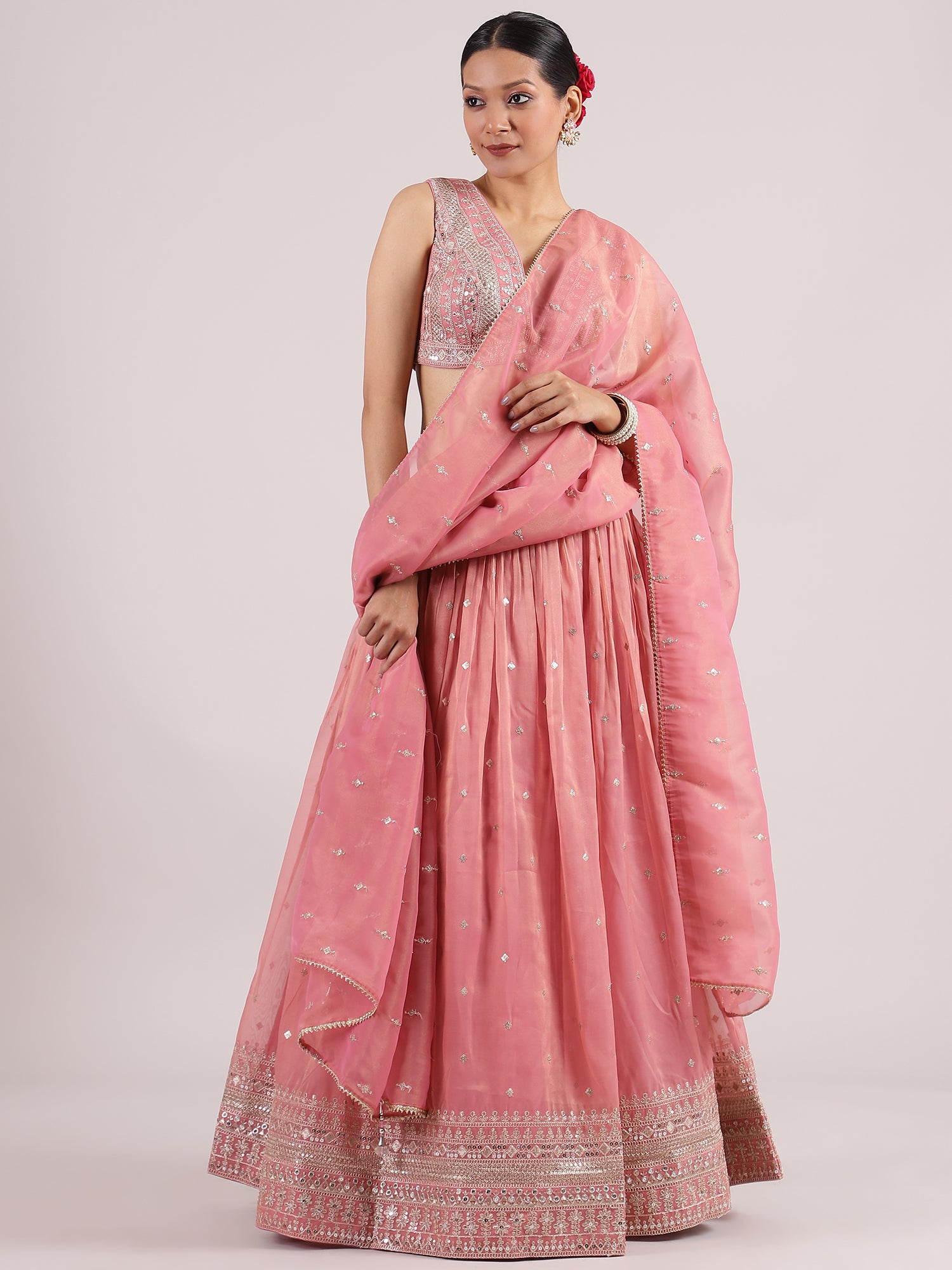 Dreamy Peach Pink Organza Lehenga with Exquisite Kotapatti Embroidery