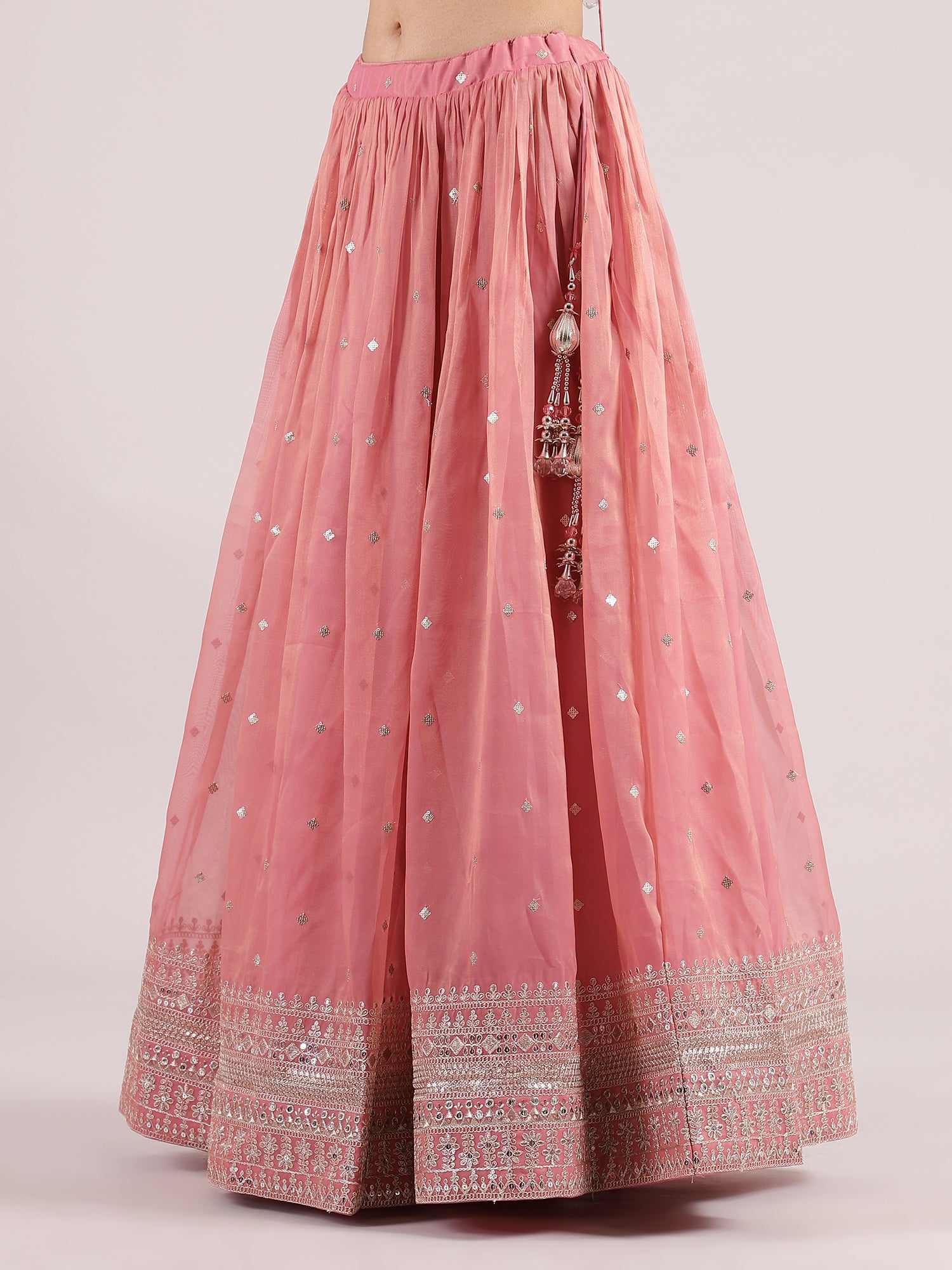 Dreamy Peach Pink Organza Lehenga with Exquisite Kotapatti Embroidery