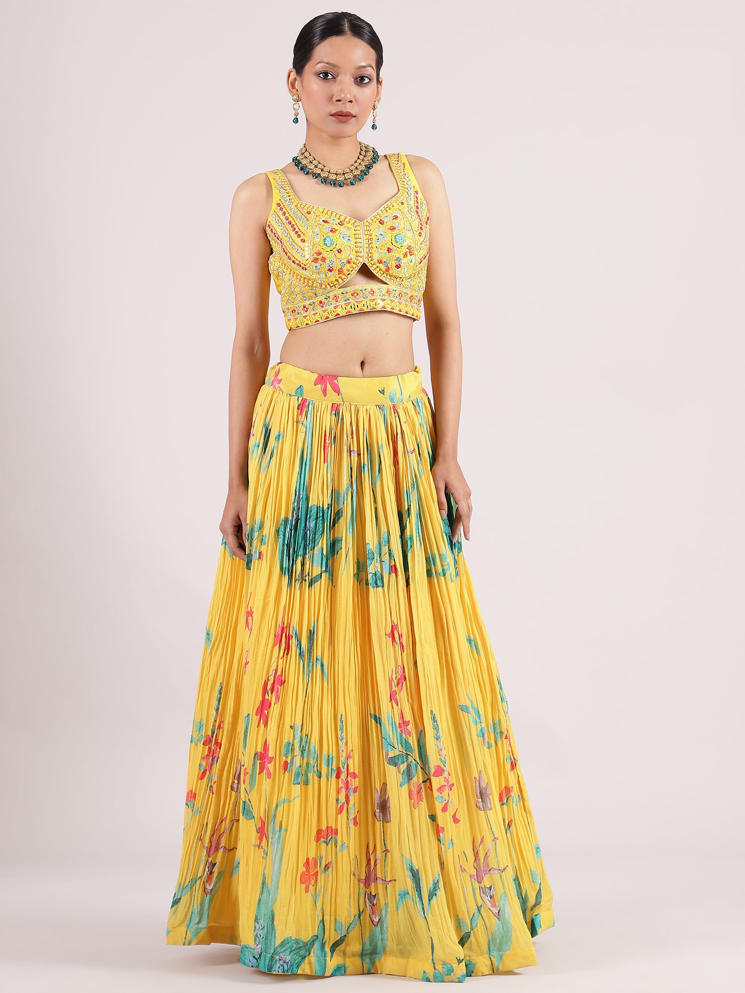 Yellow Crepe Floral Digital Printed Lehenga with Sequin Blouse