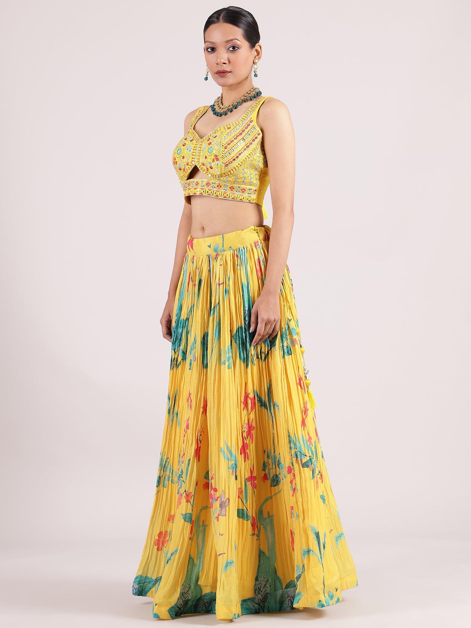 Yellow Crepe Floral Digital Printed Lehenga with Sequin Blouse