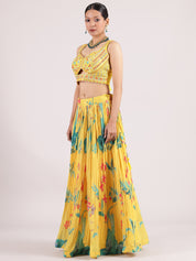 Yellow Crepe Floral Digital Printed Lehenga with Sequin Blouse