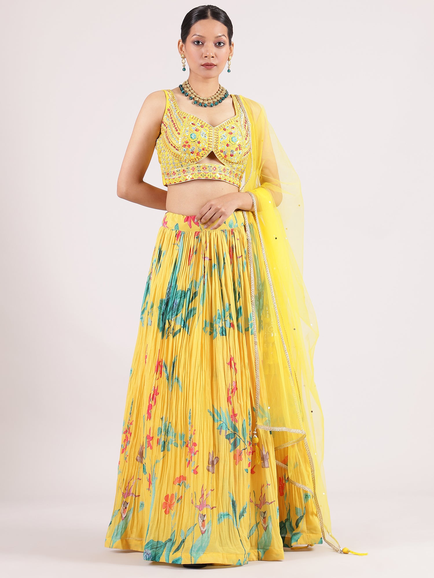 Yellow Crepe Floral Digital Printed Lehenga with Sequin Blouse