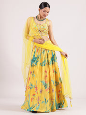 Yellow Crepe Floral Digital Printed Lehenga with Sequin Blouse