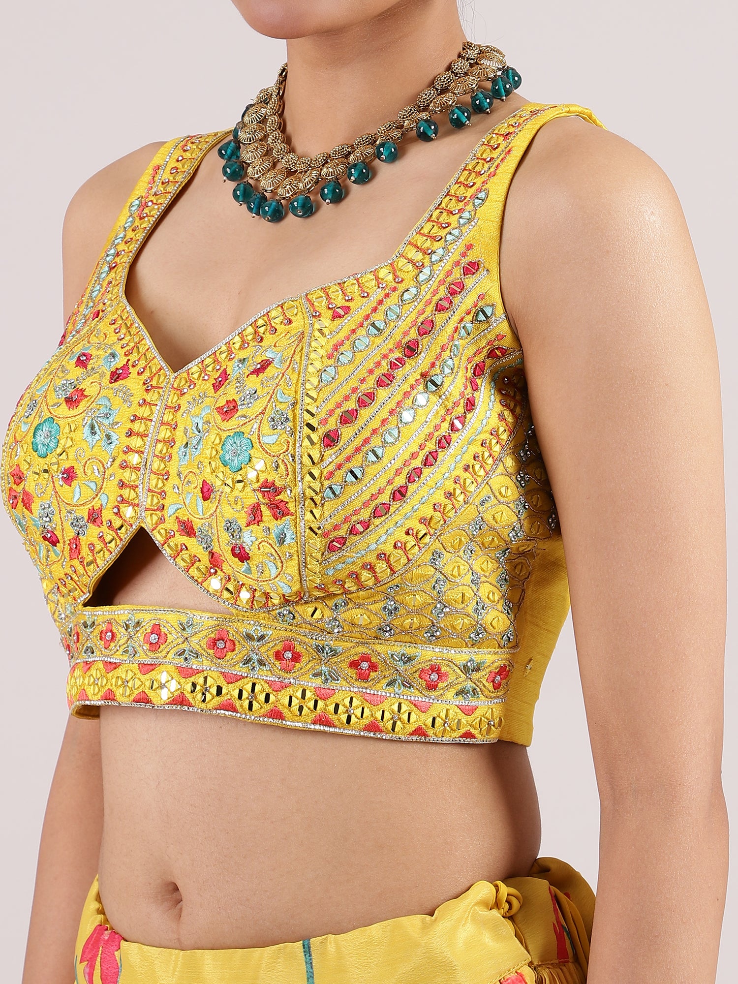 Yellow Crepe Floral Digital Printed Lehenga with Sequin Blouse