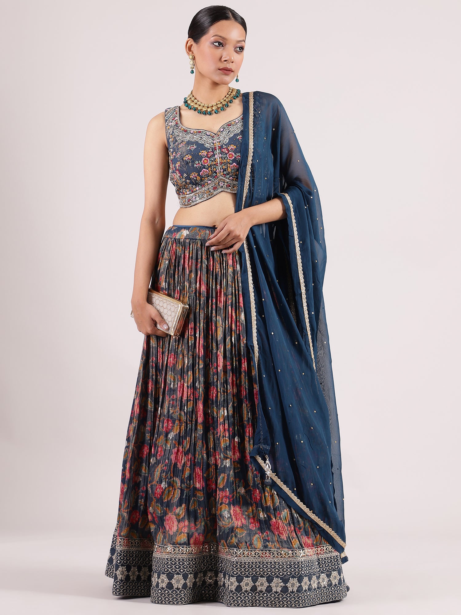 Exquisite Aegean Silk Crepe Lehenga with Cutdana Embroidered Blouse