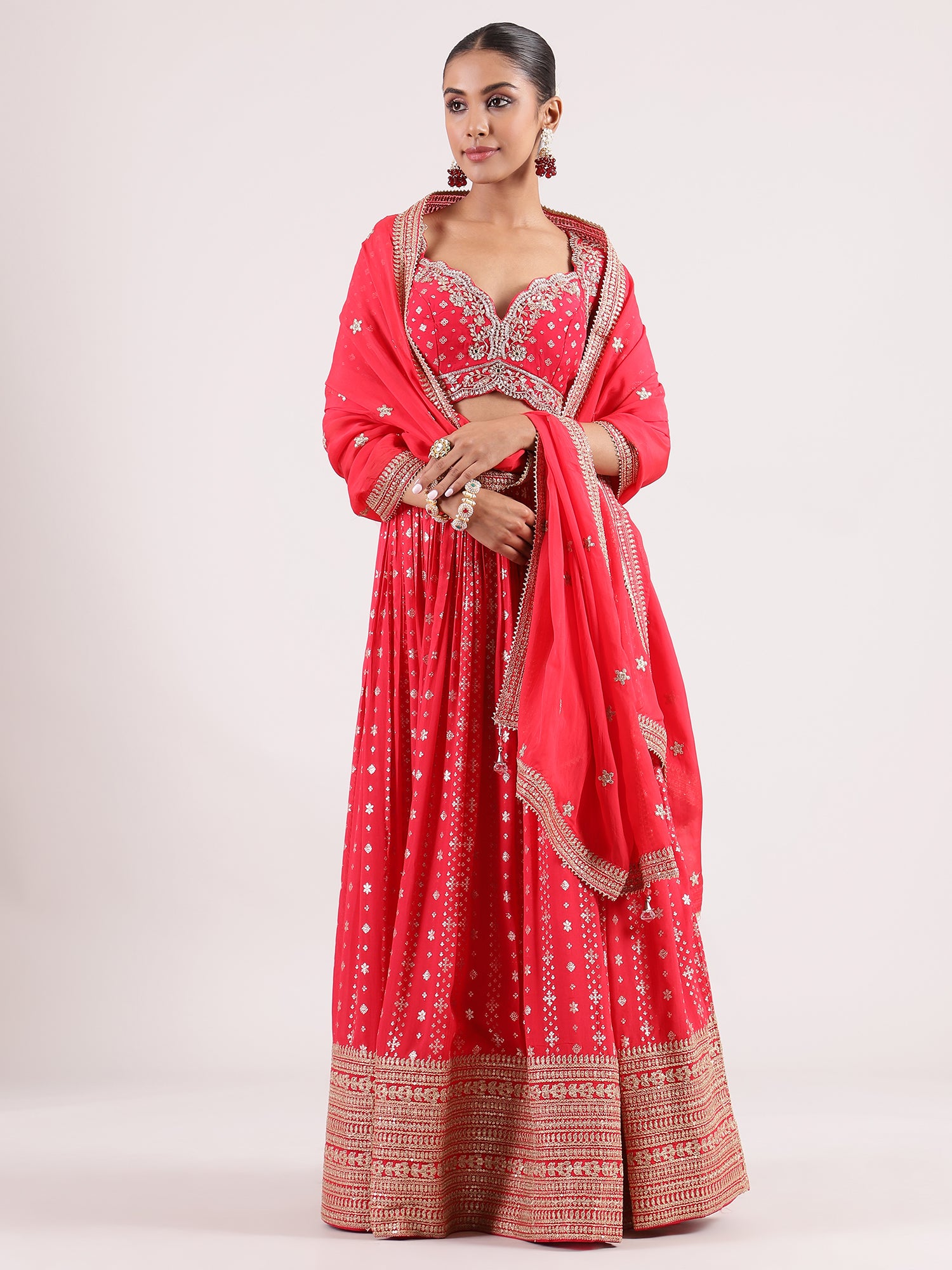 Hot Red Banarasi Lehenga with Kotapatti Embroidery