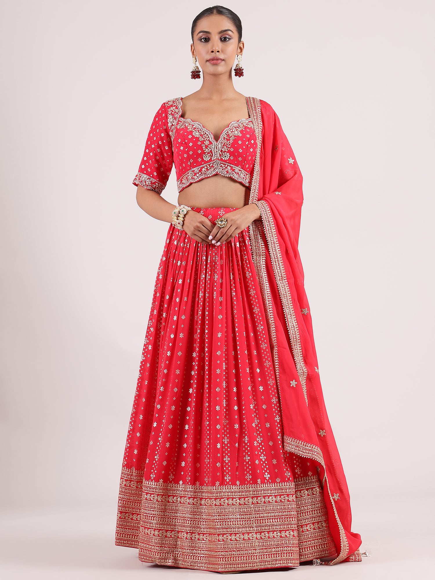 Hot Red Banarasi Lehenga with Kotapatti Embroidery