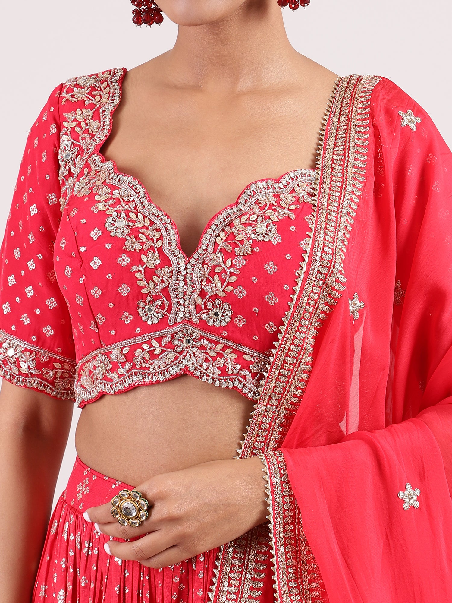 Hot Red Banarasi Lehenga with Kotapatti Embroidery