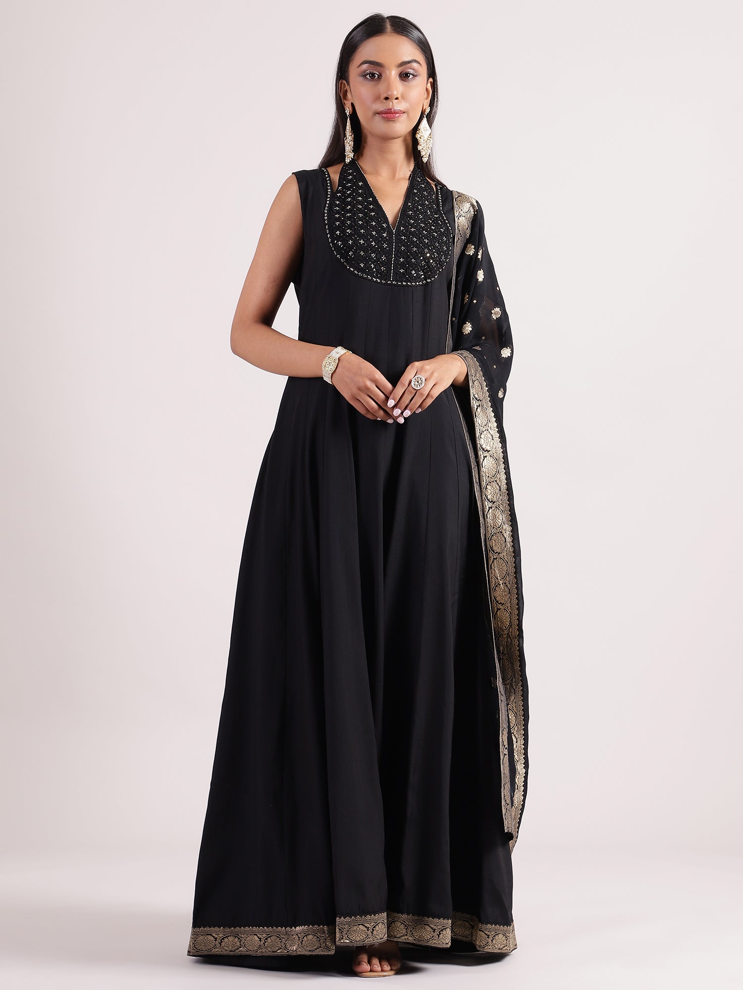 Elegant Black Raw Silk Collar Neck Salwar Kameez with Mirror Work & Banarasi Dupatta