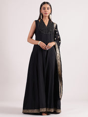 Elegant Black Raw Silk Collar Neck Salwar Kameez with Mirror Work & Banarasi Dupatta