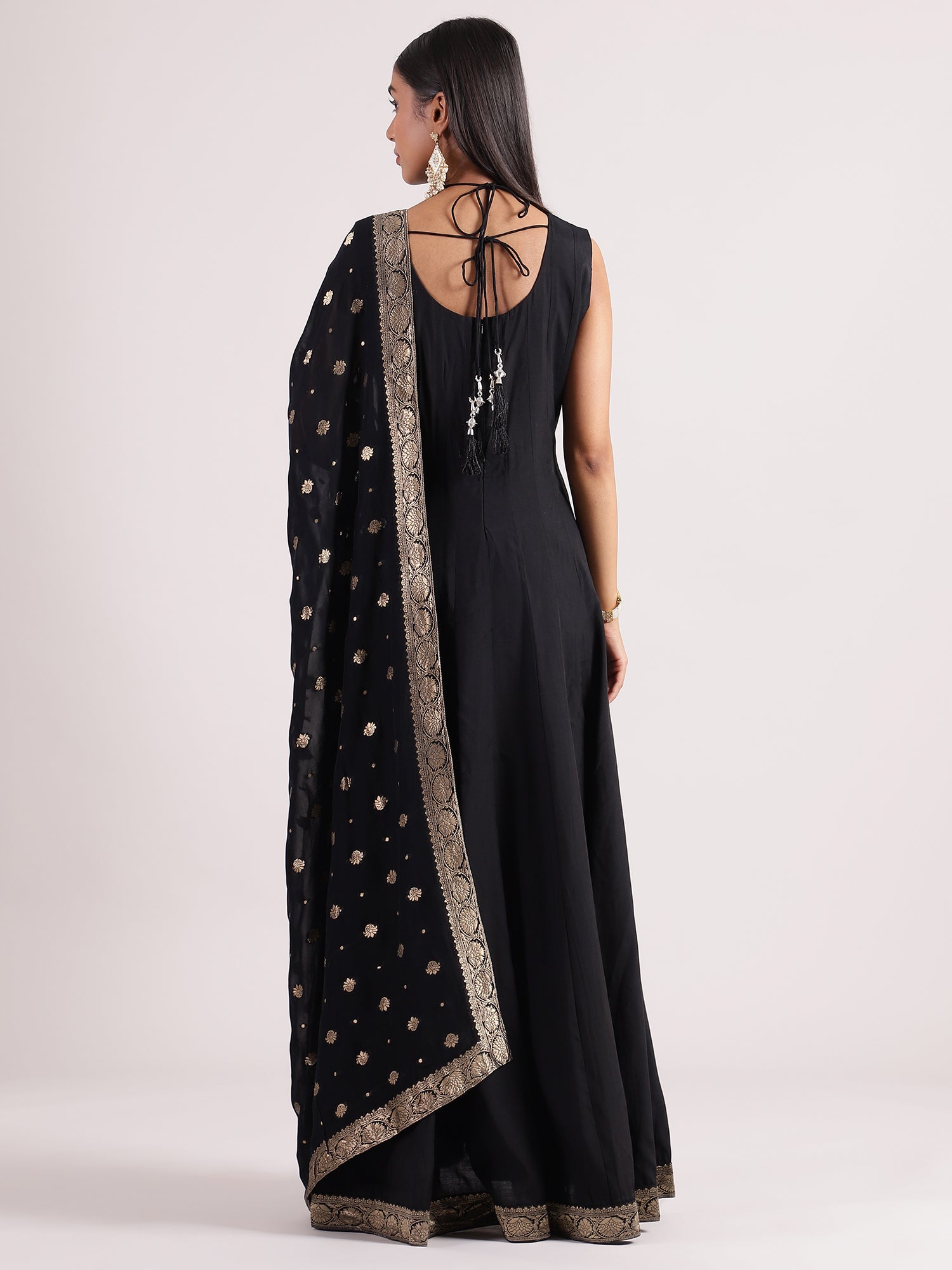 Elegant Black Raw Silk Collar Neck Salwar Kameez with Mirror Work & Banarasi Dupatta