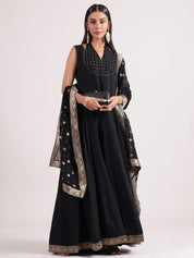 Elegant Black Raw Silk Collar Neck Salwar Kameez with Mirror Work & Banarasi Dupatta