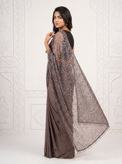 Grey Beaded Net Saree with Soft Crepe Pallu, Sequin Work