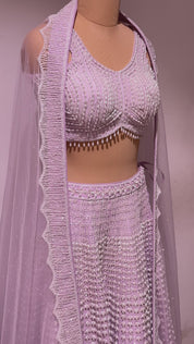 Lavender Raw Silk Embroidered Lehenga Set with Net Dupatta
