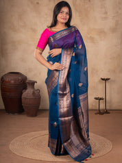 Model wearing a blue Banarasi silk saree with metallic woven motifs, an ornate broad border and pallu, paired with a bright pink blouse.