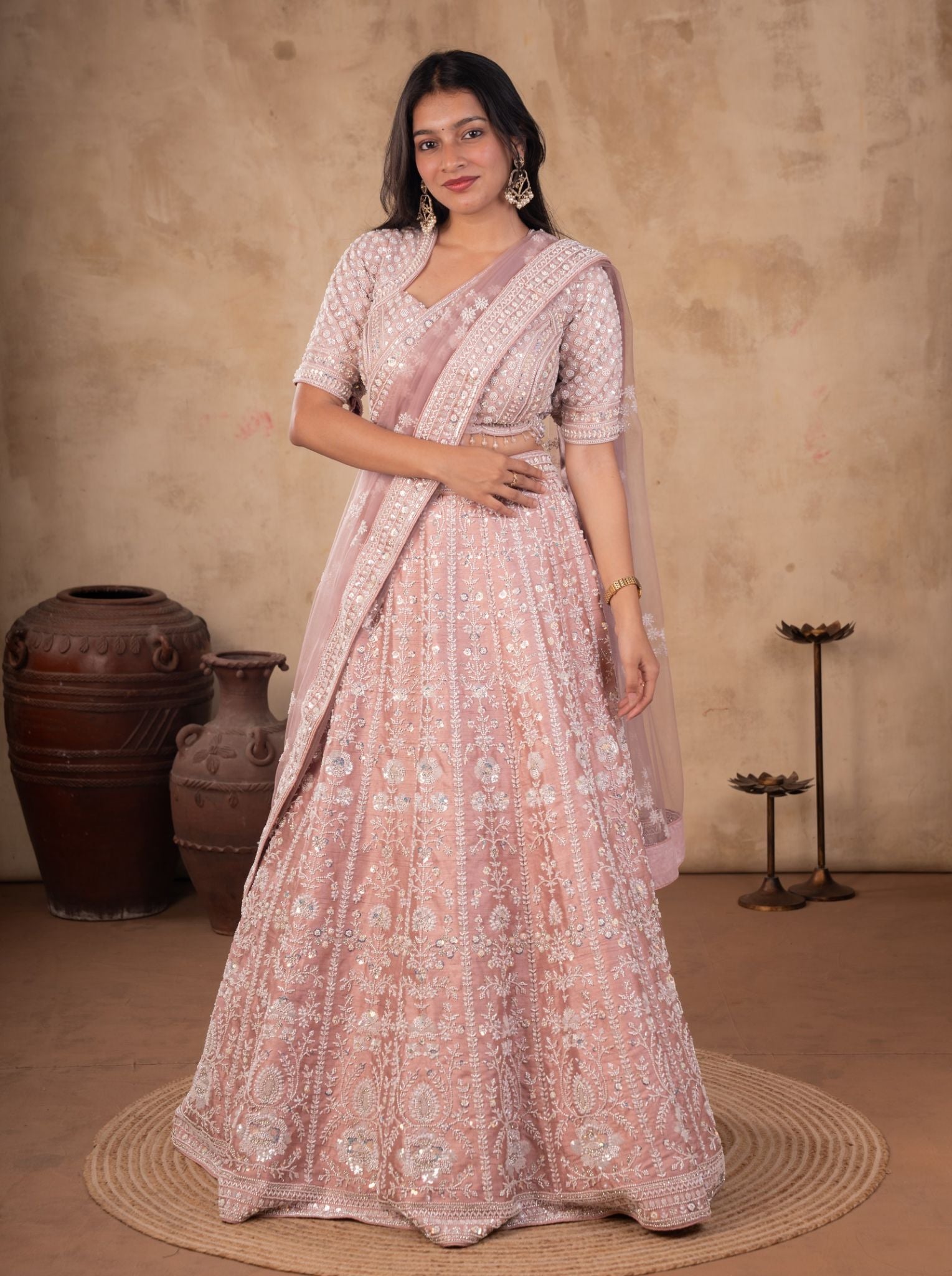 Net Lehenga Set in Gajri with Dupatta and Stitched Blouse