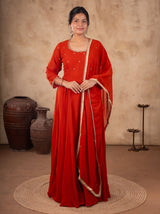 Crepe Festive Gown in Rust with Lehenga Skirt and Dupatta
