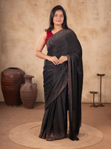 Black Crepe Designer Saree With Unstitched Blouse Piece