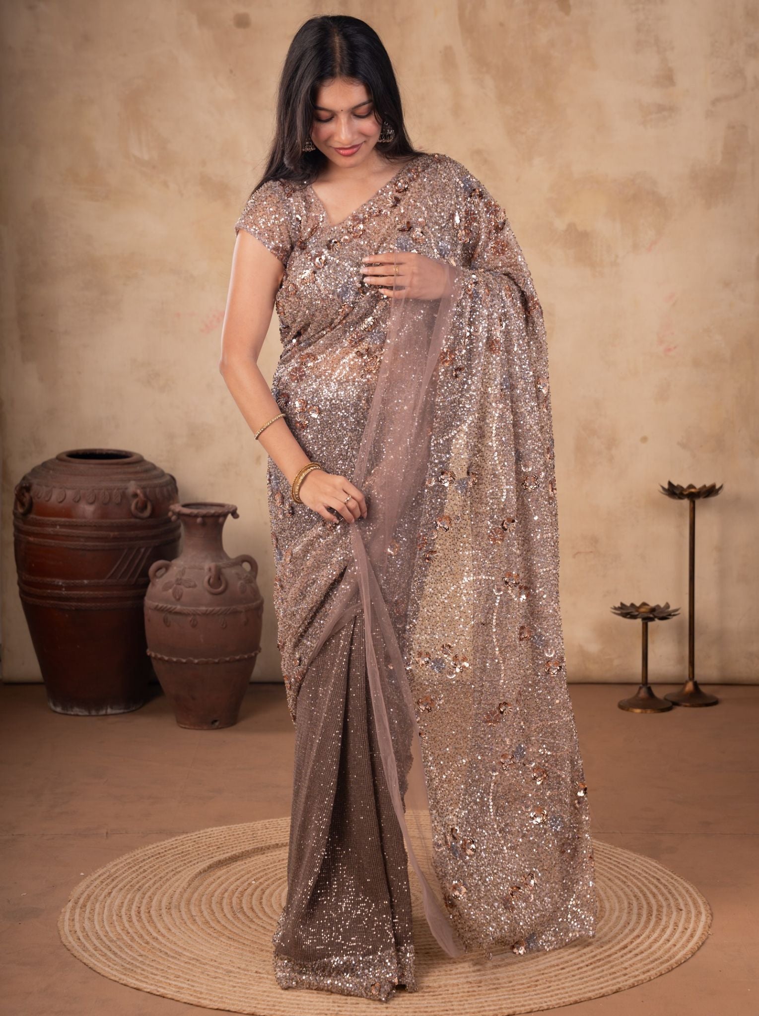 Mauve Net Designer Saree for Cocktail Occasions